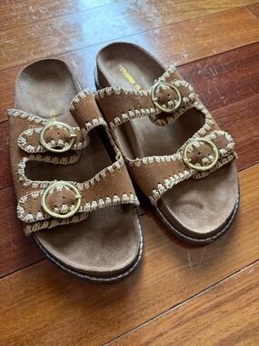 Brown Suede Double-Buckle Sandals